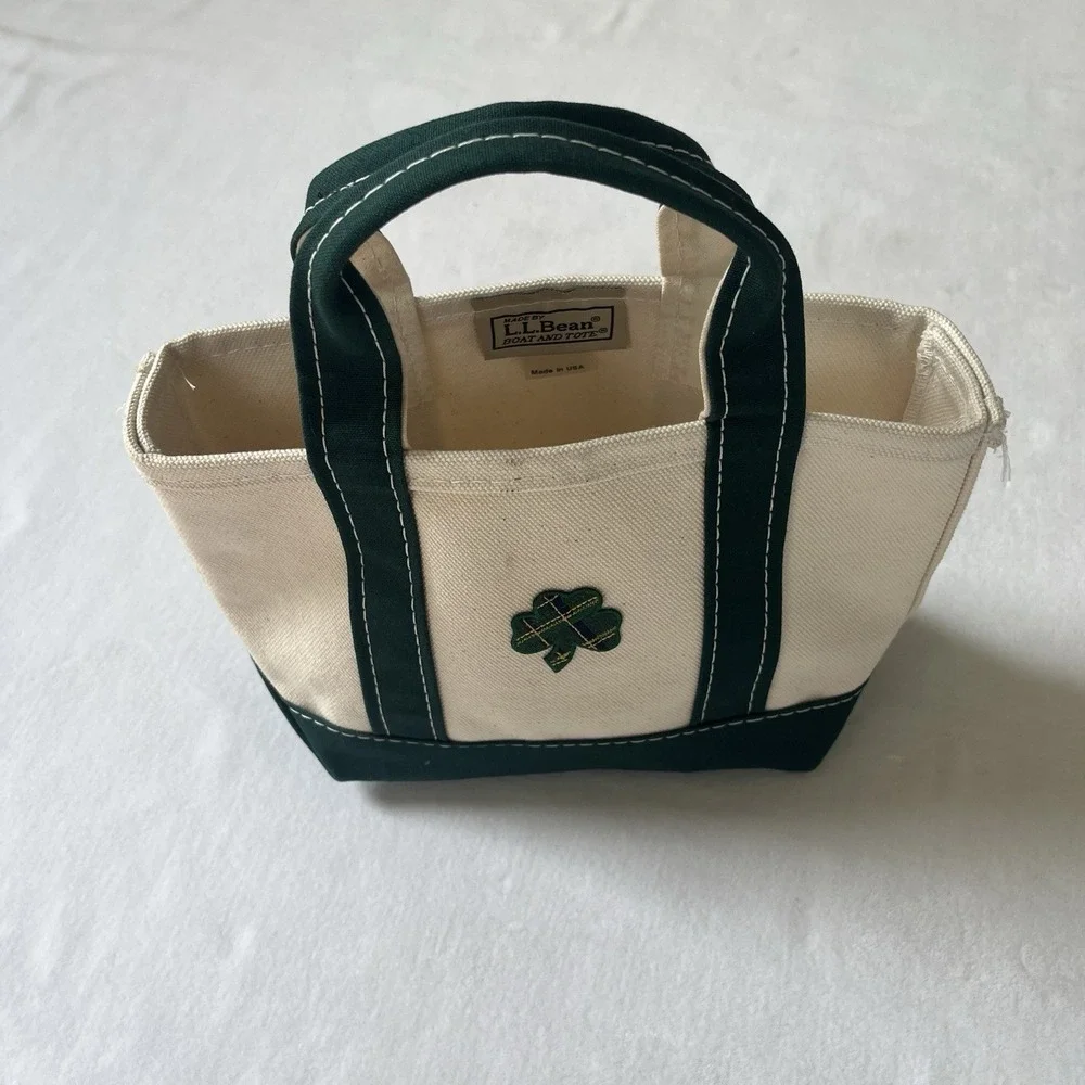 LL Bean Mini Boat And Tote Clover Embroidered USA Made Canvas Green 6'' Lucky 🍀
